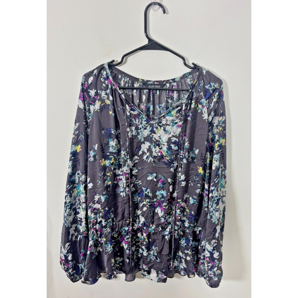 Ellen Tracy Floral Print Long sleeve Silky Blouse Women's XL